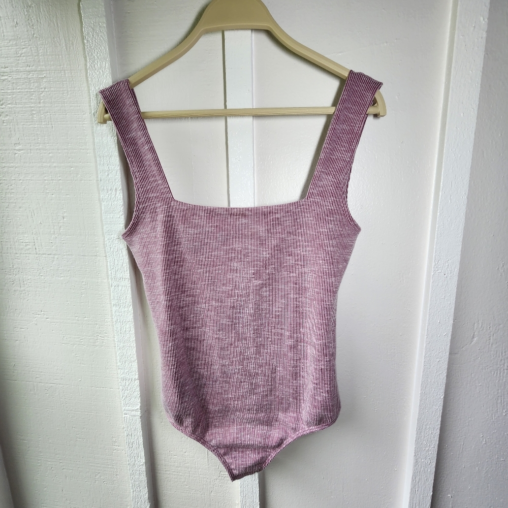 Free People Purple Square Neck Ribbed Thong Bodysuit size Small
